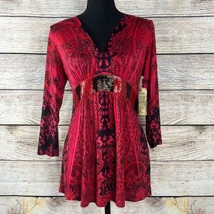 One World Deep Red and Black 3/4 Sleeve V Neck Blouse L